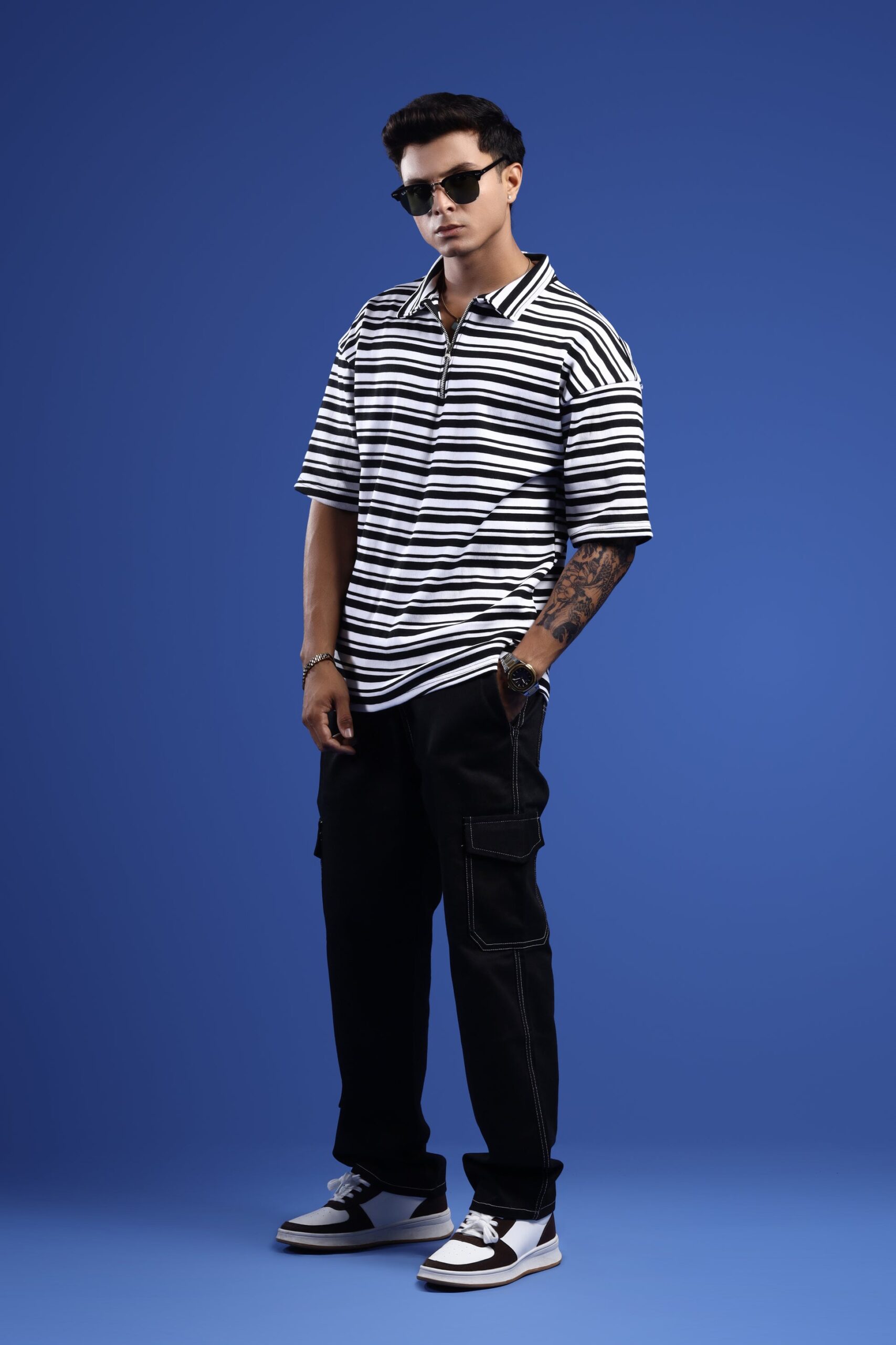 NOIR STRIPE OVERSIZED POLO T-SHIRT