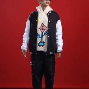 KOTN Classic Wool & Leather Varsity Letterman Jacket – Onyx Black & Contrast White