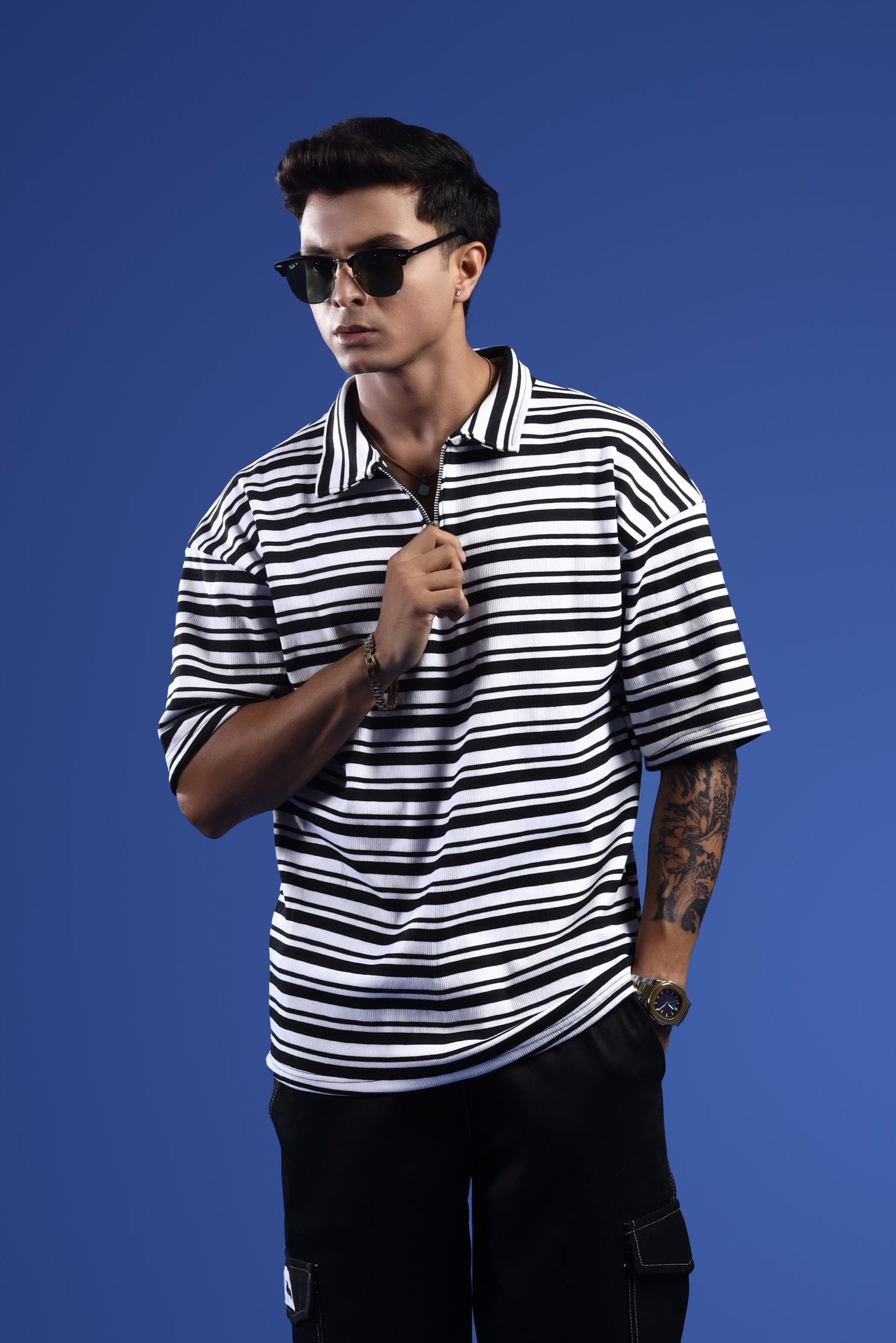 NOIR STRIPE OVERSIZED POLO T-SHIRT Hover
