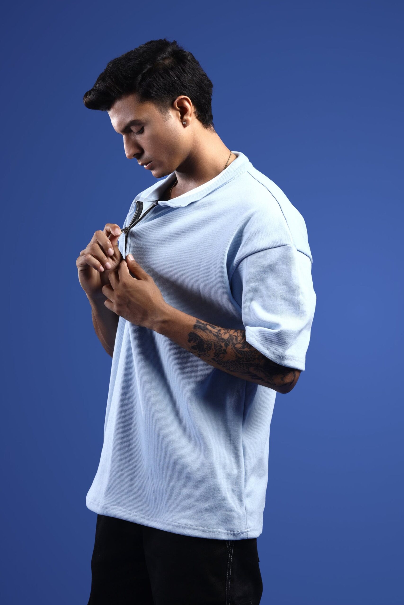 SKYLINE BLUE OVERSIZED POLO T-SHIRT Hover