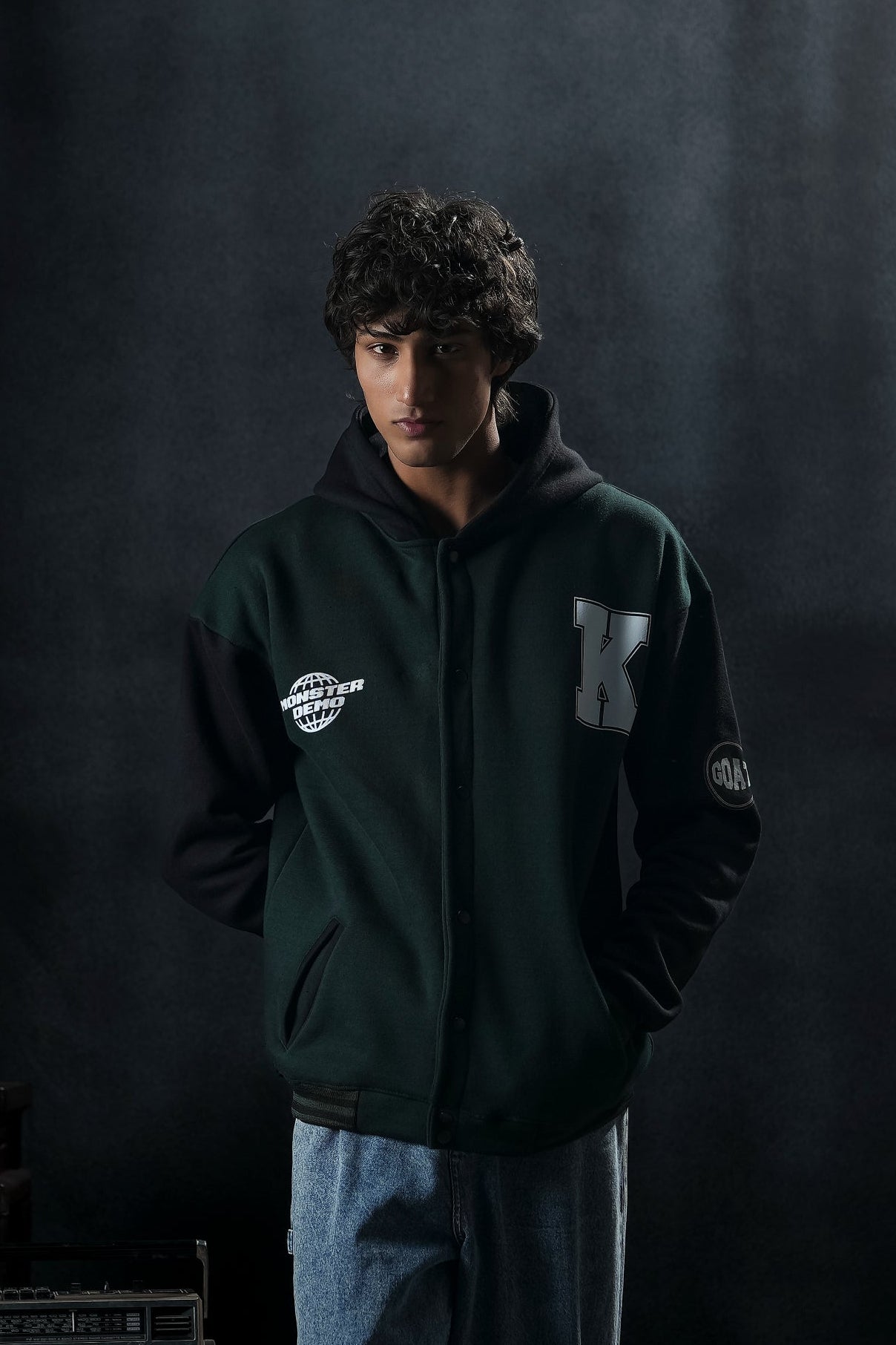 WAVE OVERSIZED HOODED VARSITY JACKET Hover