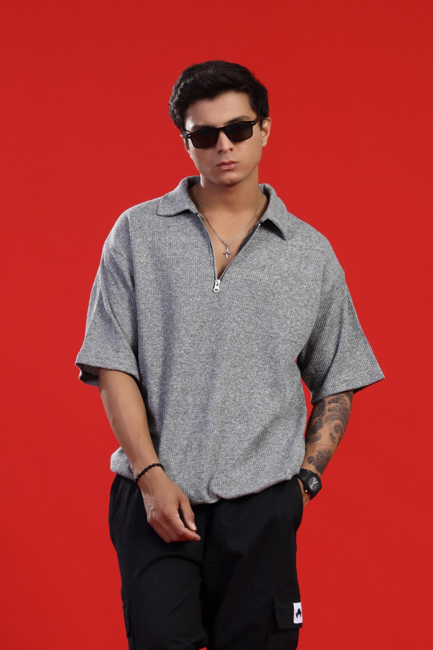 GRAY ZIPPER POLO T-SHIRT Hover
